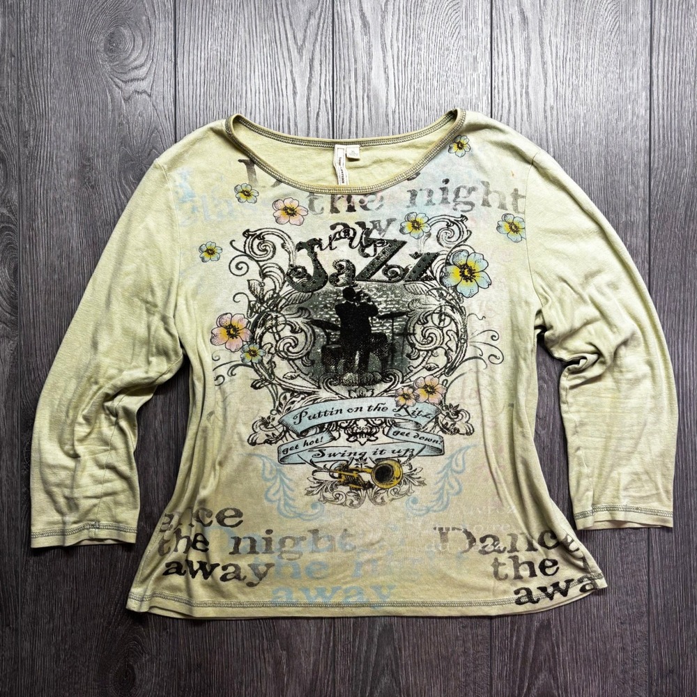 Susan Lawrence Y2K Jazz Graphic Top Green 3/4 Sleeve XL Puttin on the Ritz